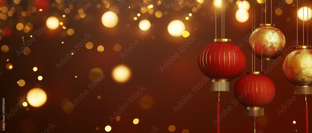 Chinese New Year Theme, A red and gold background with three red lanterns hanging from the ceiling Chinese New Year Theme, A red and gold background with three red lanterns hanging from the ceiling