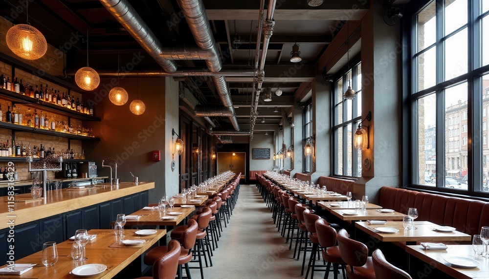 Industrial Chic Restaurant Interior Design Long Tables Exposed Pipes Large Windows Industrial Chic Restaurant Interior Design Long Tables Exposed Pipes Large Windows