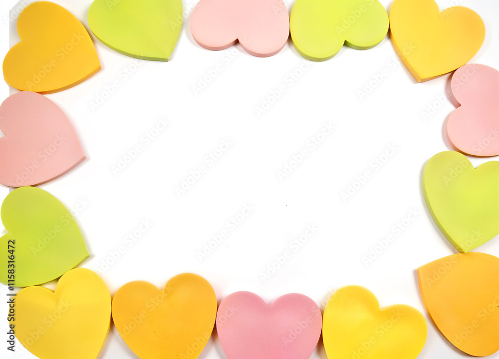 Pink, orange, yellow, green heart shaped paper isolated on white background. Love and Valentine's Day concept. Pink, orange, yellow, green heart shaped paper isolated on white background. Love and Valentine's Day concept.