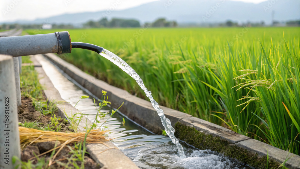 Naklejka premium Irrigation system flowing water into lush green rice field, showcasing agricultural practices