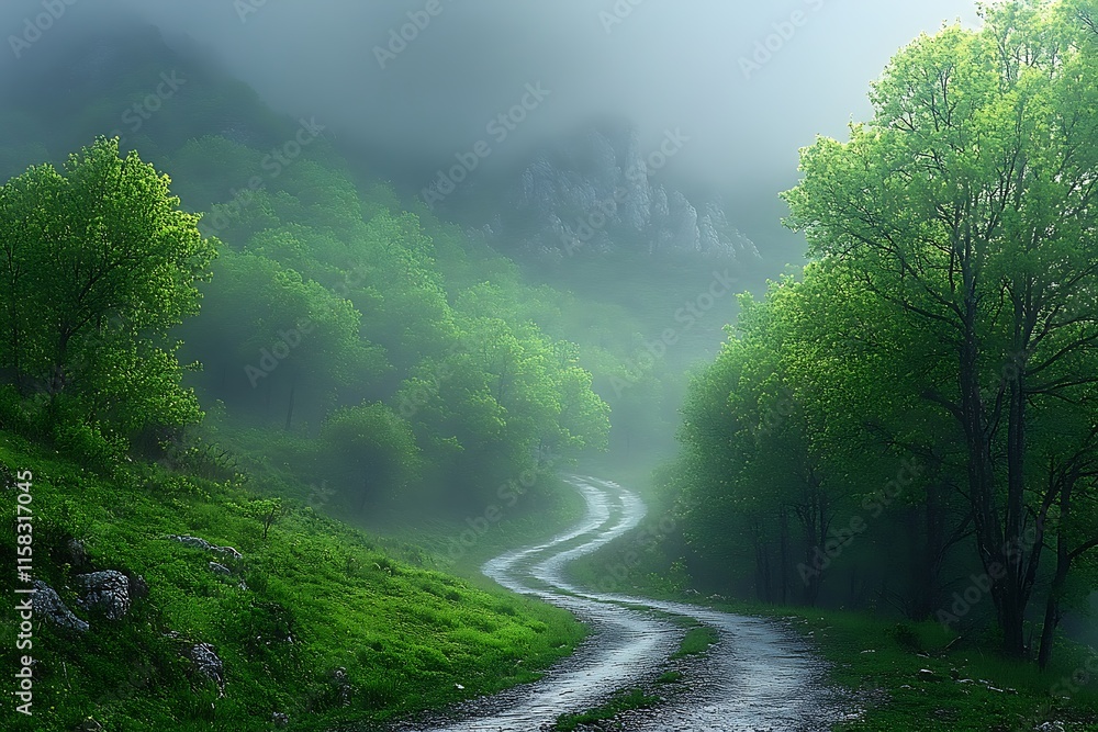 Misty Mountain Road Winding Through Lush Green Foliage Misty Mountain Road Winding Through Lush Green Foliage