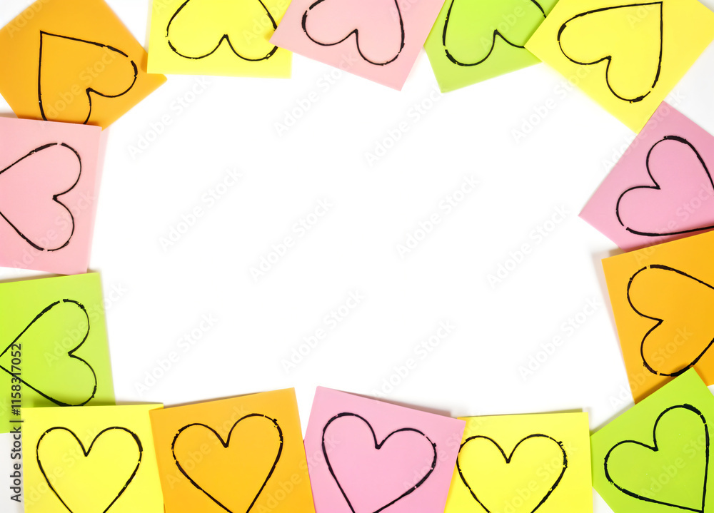 Pink, orange, yellow, green heart shaped paper isolated on white background. Love and Valentine's Day concept. Pink, orange, yellow, green heart shaped paper isolated on white background. Love and Valentine's Day concept.