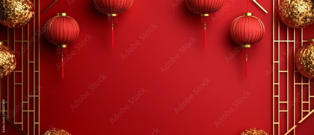 Chinese New Year Theme, A red background with gold accents and four red lanterns hanging from the top Chinese New Year Theme, A red background with gold accents and four red lanterns hanging from the top