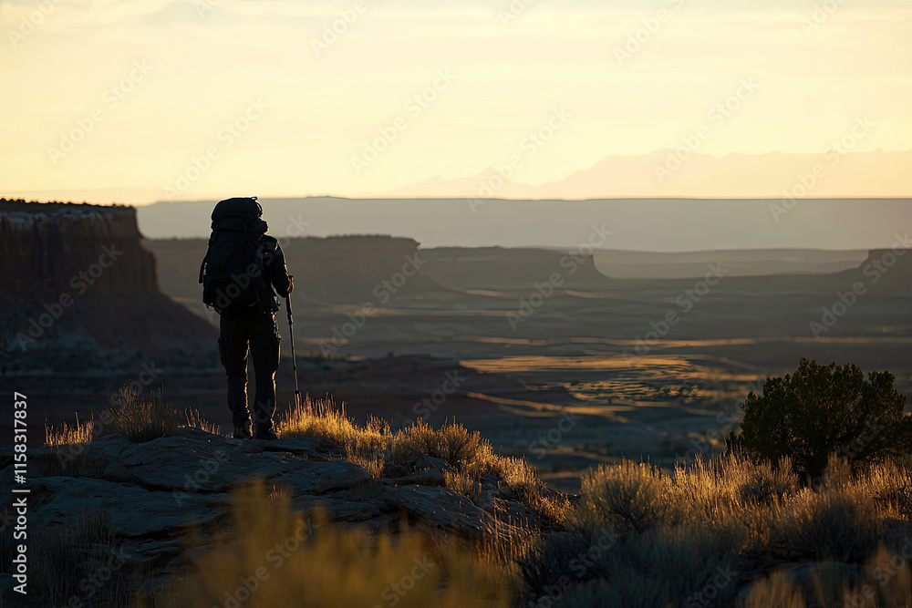Hiker with a backpack silhouetted against the backdrop of an expansive landscape Hiker with a backpack silhouetted against the backdrop of an expansive landscape