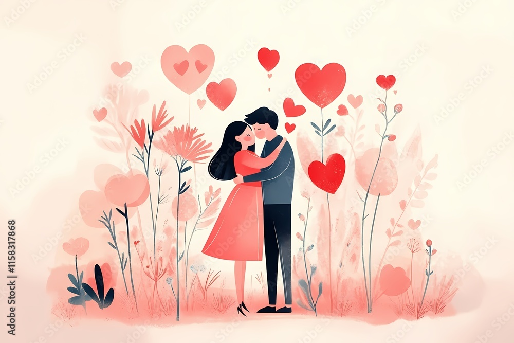 Valentine's Day Themed Illustration with Cute Couple Characters Valentine's Day Themed Illustration with Cute Couple Characters