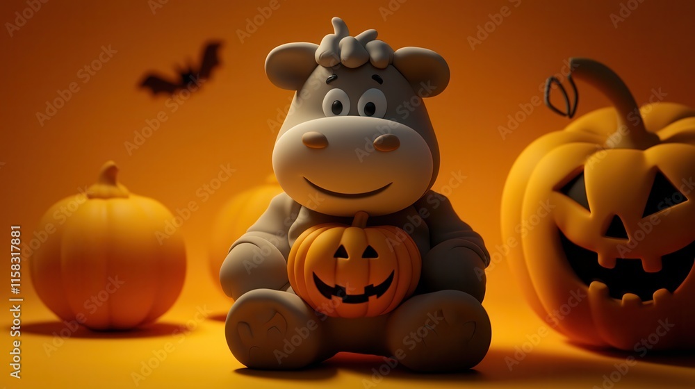 Adorable Cartoon Cow Holding Pumpkin Surrounded by Halloween Decor Adorable Cartoon Cow Holding Pumpkin Surrounded by Halloween Decor