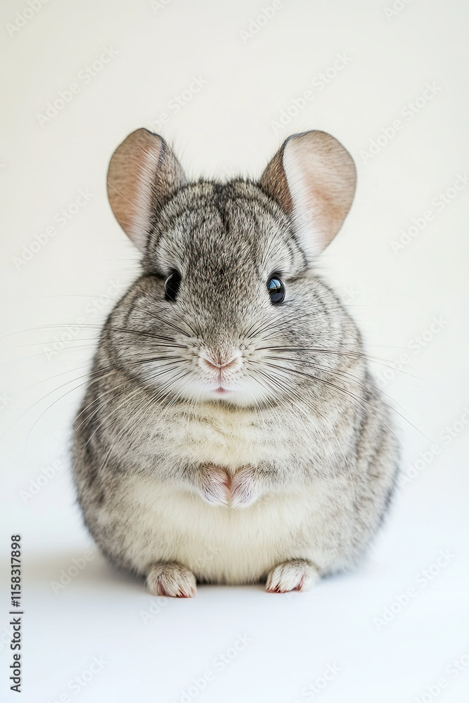 Gray chinchilla sitting calmly on a white background, showing soft fur texture Gray chinchilla sitting calmly on a white background, showing soft fur texture