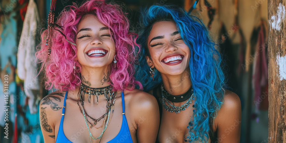 Two beautiful, smiling women with pink and blue hair, wearing jewelry, necklaces, and tank tops, in an abstract background, generative AI Two beautiful, smiling women with pink and blue hair, wearing jewelry, necklaces, and tank tops, in an abstract background, generative AI