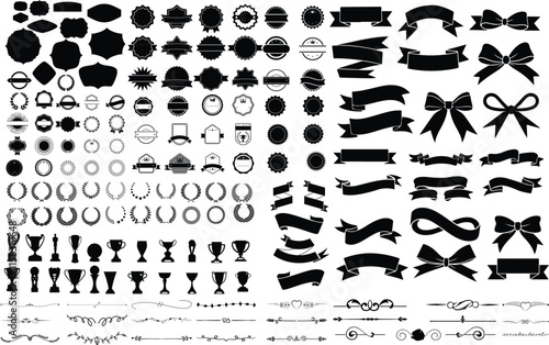 Vintage Premium Styled Ribbons badge laurels and trophies, This set includes laurel wreaths, award ribbons, trophies, vintage frames, and premium quality badges—perfect for certificates, insignias