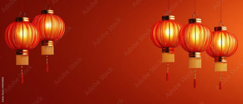 Chinese New Year Theme, A red background with four red lanterns hanging from the ceiling Chinese New Year Theme, A red background with four red lanterns hanging from the ceiling