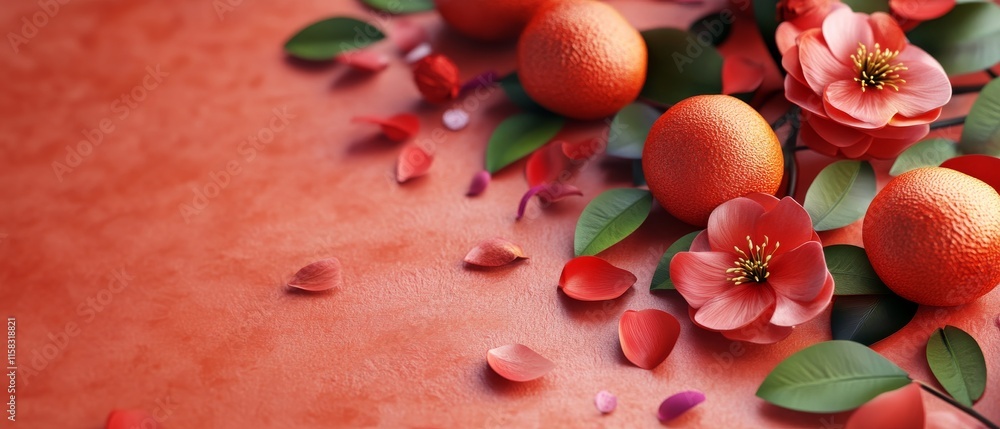 Chinese New Year Theme, A red background with a bunch of oranges and flowers Chinese New Year Theme, A red background with a bunch of oranges and flowers