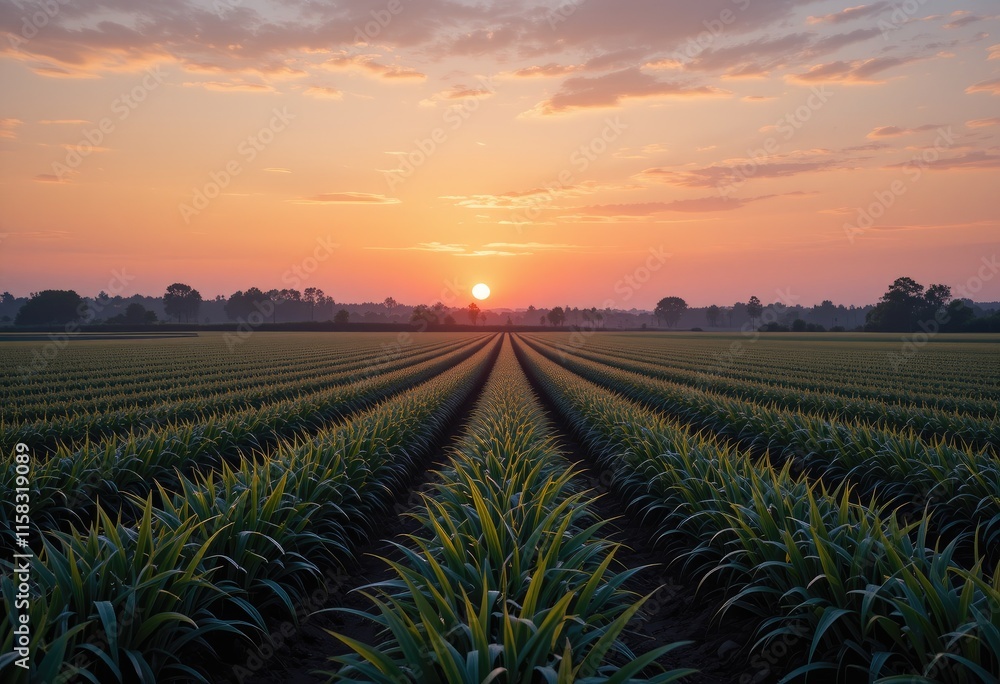 Sunset over a green field with a clear sky and cloud highlighting a rural countryside landscape with crops trees and a road stretching into the horizon Sunset over a green field with a clear sky and cloud highlighting a rural countryside landscape with crops trees and a road stretching into the horizon