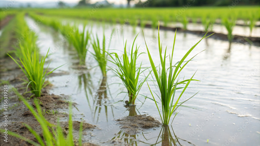 Lush green rice plants grow in flooded fields, reflecting beauty of agriculture Lush green rice plants grow in flooded fields, reflecting beauty of agriculture