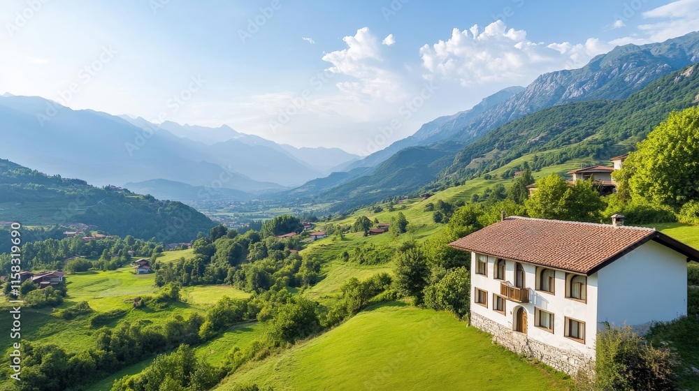 Scenic Mountain Landscape with Lush Green Fields and a Charming White House Under a Clear Blue Sky in a Serene Natural Setting Scenic Mountain Landscape with Lush Green Fields and a Charming White House Under a Clear Blue Sky in a Serene Natural Setting