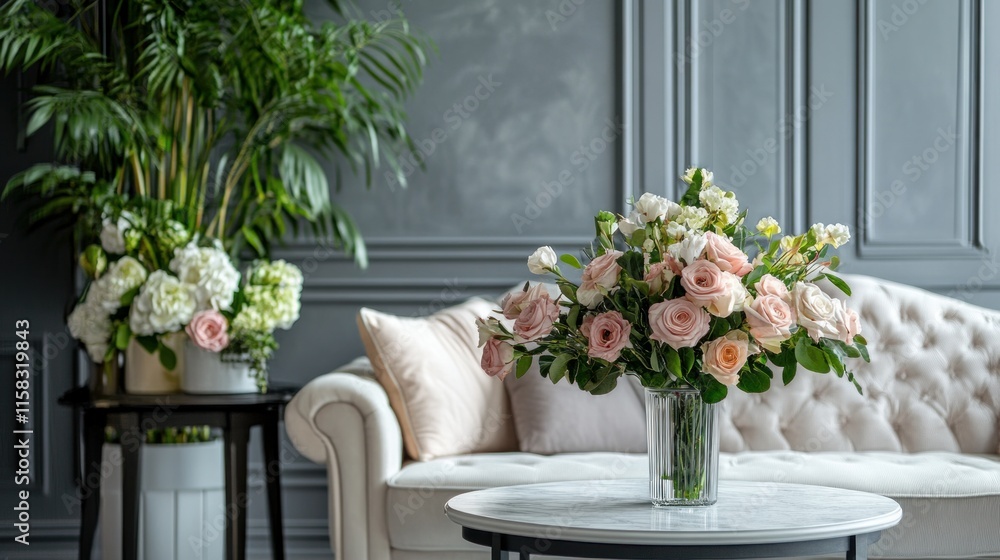 A table with flowers against a gray background in a large, modern interior design space. A light-filled, roomy space featuring a cozy sofa, plants, and sophisticated accents. A table with flowers against a gray background in a large, modern interior design space. A light-filled, roomy space featuring a cozy sofa, plants, and sophisticated accents.