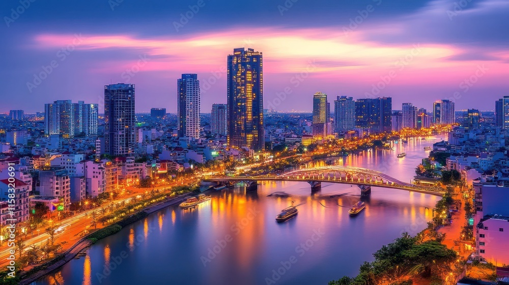 Naklejka premium Panoramic twilight cityscape with river, bridge, and illuminated buildings.