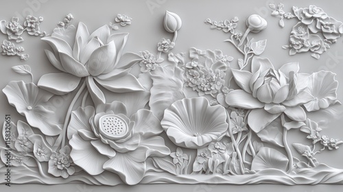 Intricate white floral bas-relief wall art showcasing lotus flowers, buds, and leaves.