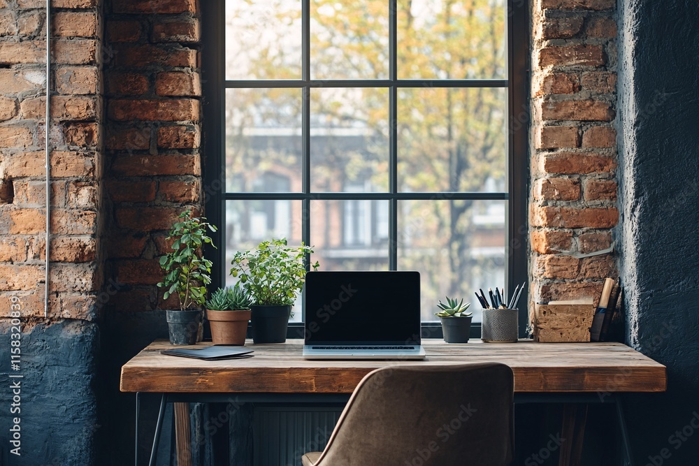 Modern Workspace: A laptop sits open on a rustic wooden desk, bathed in natural light streaming through a large window with a brick backdrop. The scene exudes a sense of creativity and productivity. Modern Workspace: A laptop sits open on a rustic wooden desk, bathed in natural light streaming through a large window with a brick backdrop. The scene exudes a sense of creativity and productivity.