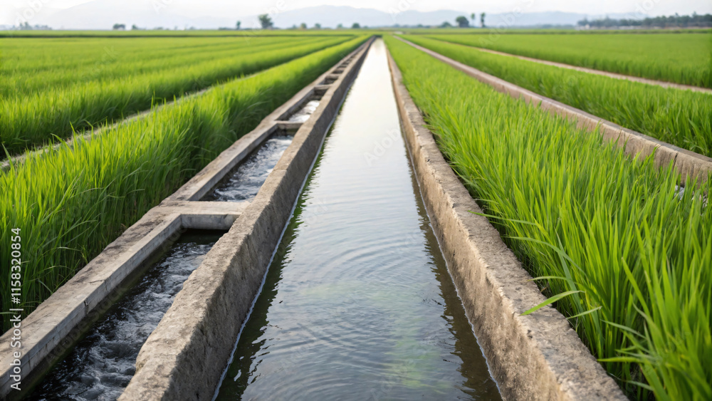Lush green rice fields with irrigation channels reflecting sky Lush green rice fields with irrigation channels reflecting sky
