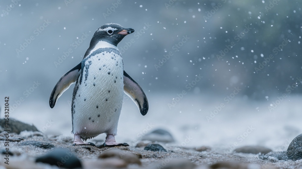 Obraz premium Humboldt penguin standing on rocky beach in snowfall.