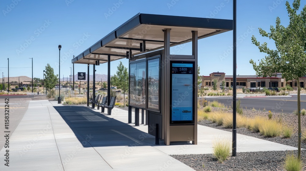 Modern bus shelter with digital signage, benches, and landscaping in a sunny location. Modern bus shelter with digital signage, benches, and landscaping in a sunny location.