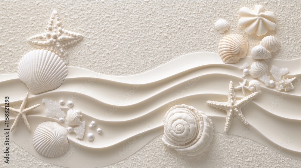 White seashells, starfish, and pearls arranged on a textured, wavy background. White seashells, starfish, and pearls arranged on a textured, wavy background.
