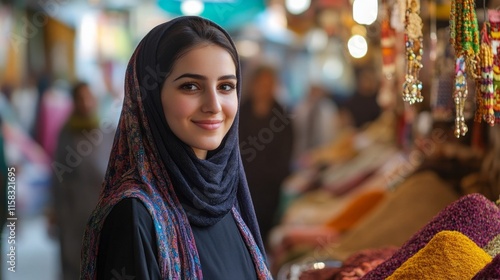 Smiling Woman in a Colorful Hijab at a Market photo