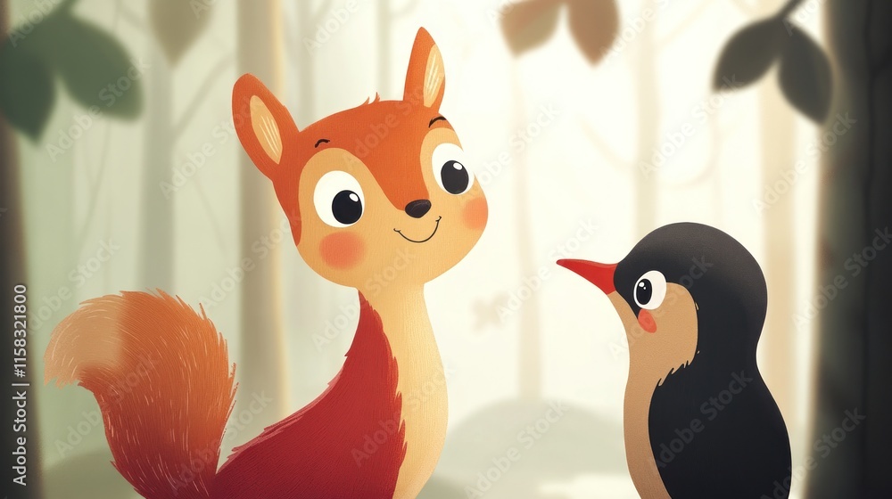 Obraz premium Cute squirrel and penguin friends in a whimsical forest scene.