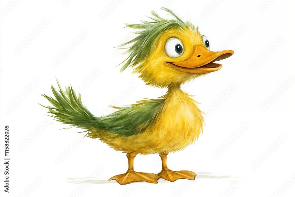 Obraz premium Cute cartoon duck with yellow feathers and big eyes, isolated on white background.Children’s books, Easter cards, playful cartoon illustrations, seasonal greetings.Joy and innocence. Playful character