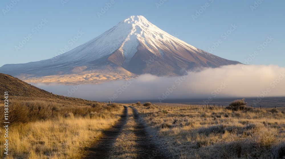 Obraz premium Majestic snow-capped volcano rising above a misty, frost-covered plain with a dirt road leading towards it at sunrise.