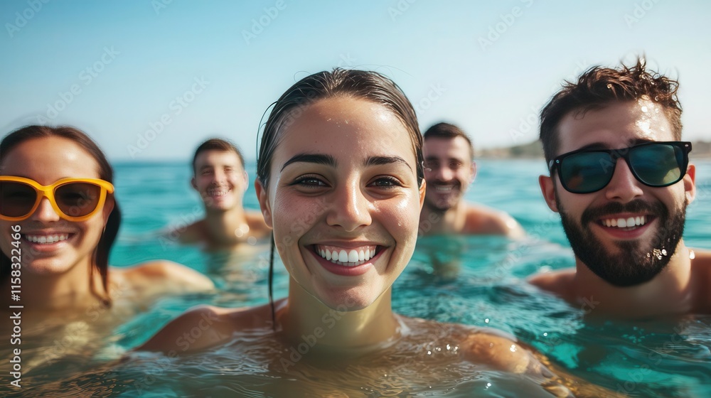 Obraz premium Group of friends enjoying a fun day at the beach, smiling and swimming in the clear blue water.