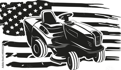 Lawn mower Lawnmower Driver Black and white Driving Lawnmower Grass cutter car Driver USA flag US Mower driverr7.eps