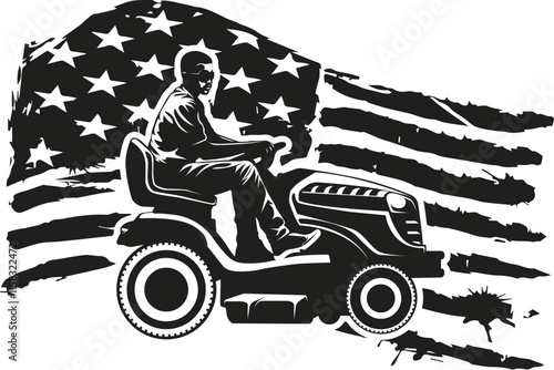 Lawn mower Lawnmower Driver Black and white Driving Lawnmower Grass cutter car Driver USA flag US Mower driverr7.eps