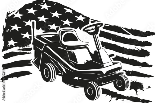Lawn mower Lawnmower Driver Black and white Driving Lawnmower Grass cutter car Driver USA flag US Mower driverr7.eps