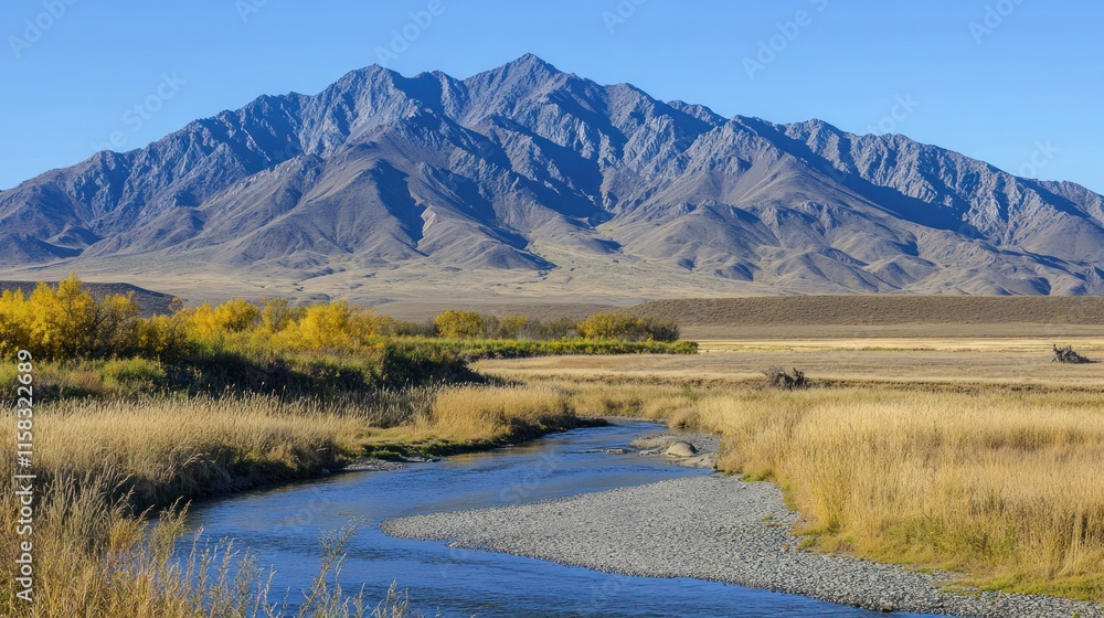 Serene river flows through autumnal grassland towards majestic mountains under a clear blue sky. Serene river flows through autumnal grassland towards majestic mountains under a clear blue sky.