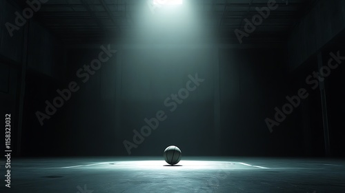 Bright spotlight shining on a basketball placed near the center of a dark court