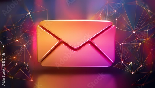 A vibrant, stylized envelope icon surrounded by glowing network connections, symbolizing digital communication and email technology.
