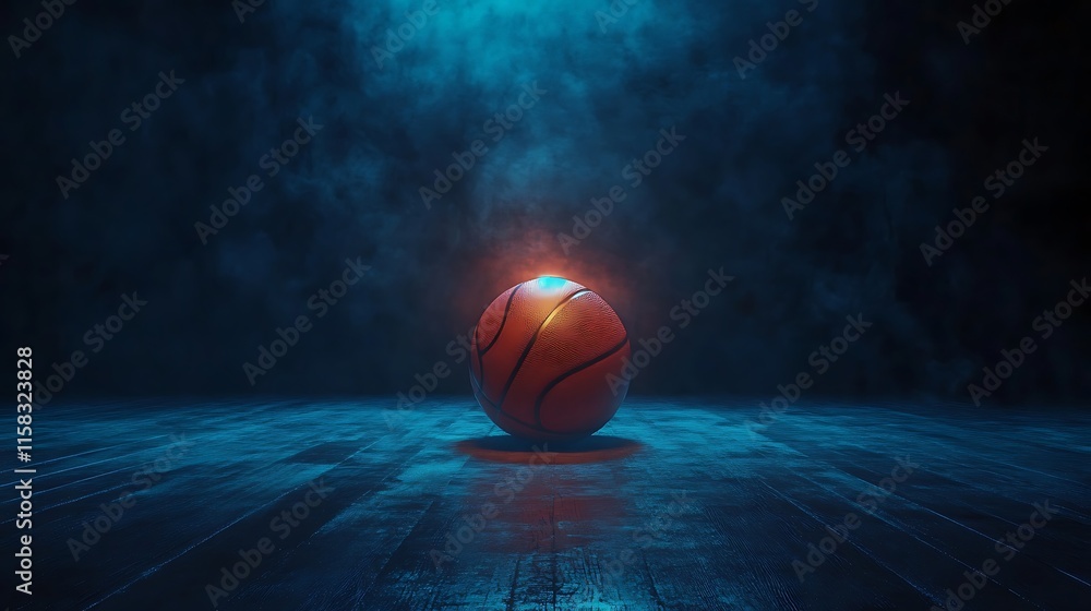 Fototapeta premium Isolated basketball glowing under a strong light beam on a dark wooden surface