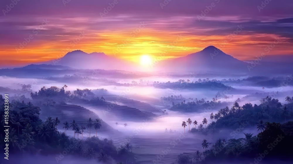 Obraz premium Vibrant sunrise over misty valley and mountains.