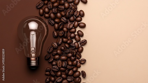 Coffee beans paired with a light bulb on a brown and beige surface inspire creativity at any time of the day photo