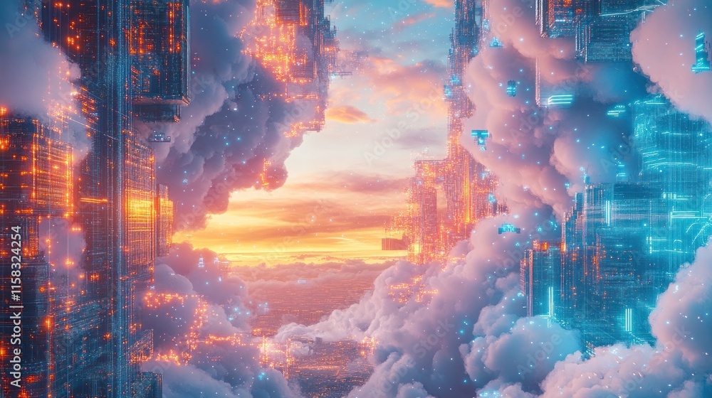 Fototapeta premium Futuristic city nestled in clouds at sunset, glowing with digital energy.