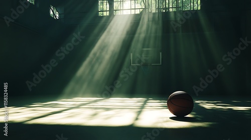 Basketball highlighted under a concentrated light beam on a court engulfed in shadows photo