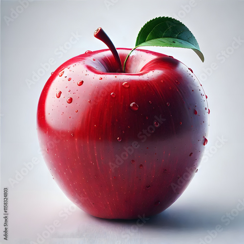 A glossy red apple with a single green leaf, showcasing freshness, natural beauty, and healthy food concepts in a simple yet elegant composition. photo