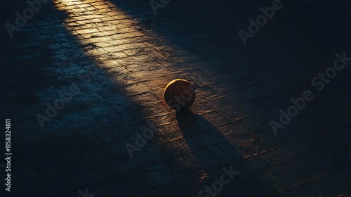 Bright overhead light emphasizing a basketball on a dark textured court floor