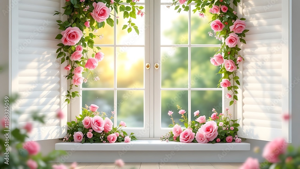 Fototapeta premium Maternity backdrop, wedding backdrop, photography background with delicate flowers and vintage white wall and windows.