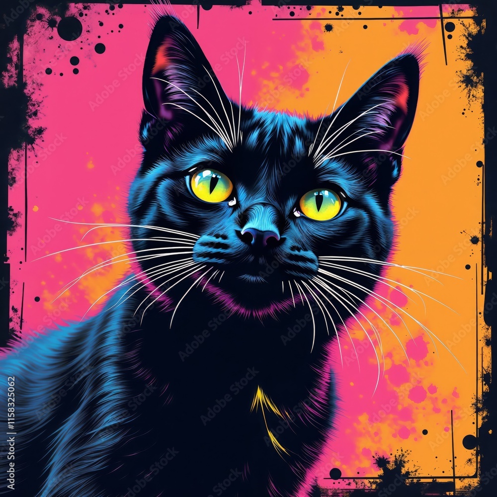 Fototapeta Black cat with glowing yellow eyes on a colorful graffiti background.Urban art design, black cat illustration, modern artwork, graffiti concept, street art poster, pop art illustration.