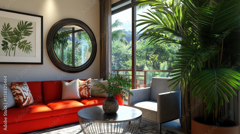 Obraz premium Sunlit living room with red sofa, tropical plants, and large window overlooking lush greenery.