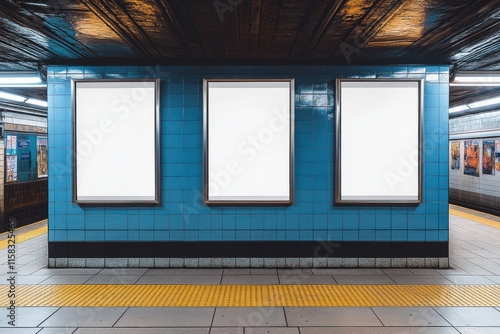 Subway Station Mockup: Three Blank Vertical Posters on Blue Wall