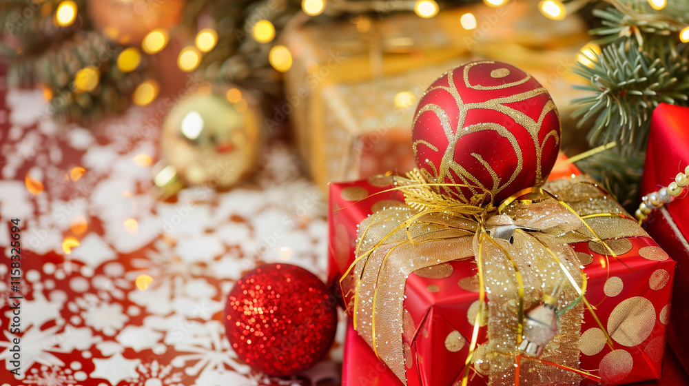 Close up of beautifully wrapped christmas gift on cozy blurred background Close up of beautifully wrapped christmas gift on cozy blurred background