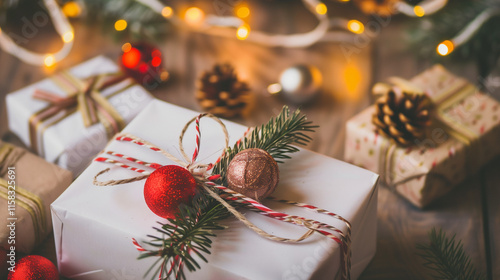 Close up of beautifully wrapped christmas gift on cozy blurred background